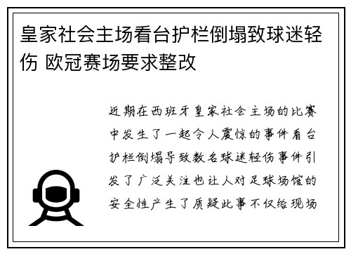 皇家社会主场看台护栏倒塌致球迷轻伤 欧冠赛场要求整改